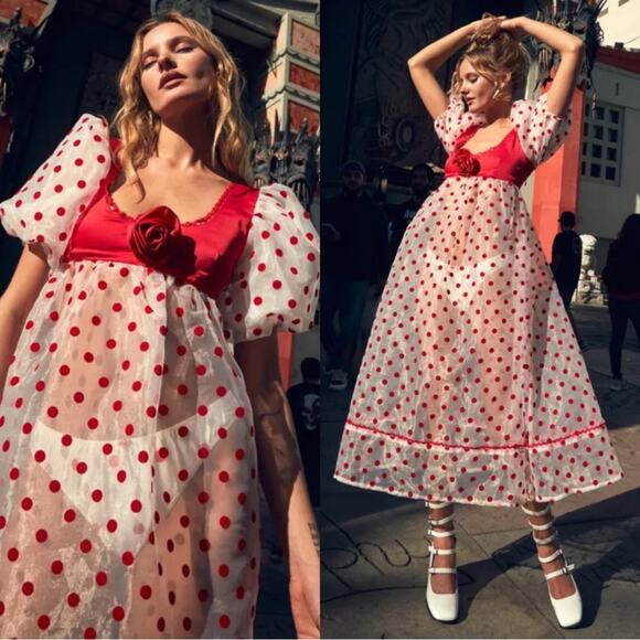 For Love & Lemons Rhoda Polkadot Puff Sleeve Sheer Midi Dress Size S - Picture 1 of 9